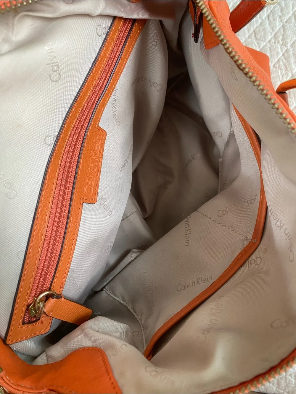 Calvin Klein Burt Orange Leather Satchel Tote Removable Strap Classic Bag Autumn